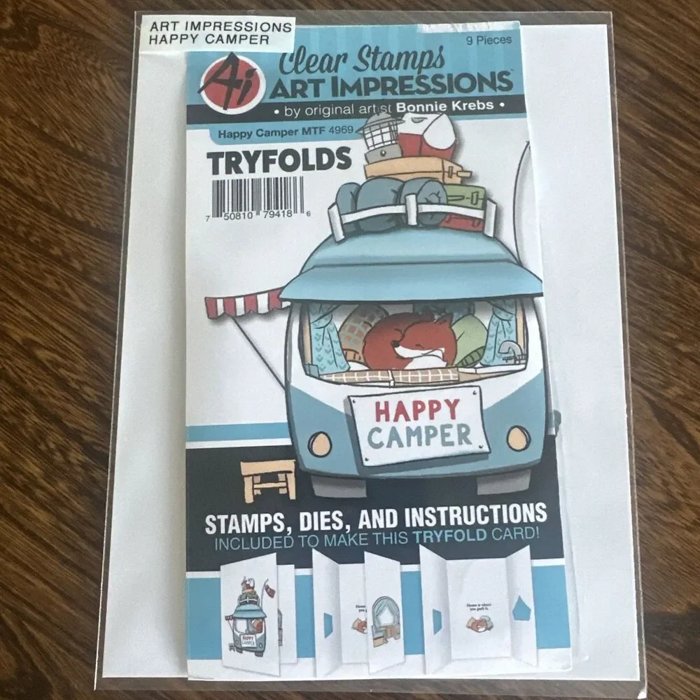 Art Impressions Happy Camper Clear Stamp Metal Cutting Die Set Tryfolds